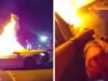 Policjant wyciąga kobietę z płonącego pojazdu po kraksie samochodowej, na nagraniu wideo