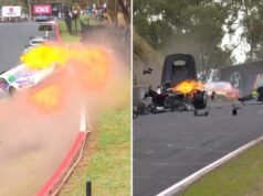 Wyścig Bathurst 12 Hour ukarany czerwoną flagą po wypadku z kulą ognia Jamesa Goldinga, a lider Ralf Aron wbija się w zaparkowany samochód