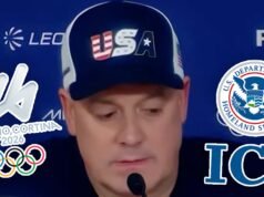 Zespół USA Curler Rich Ruohonen rozrywa lód na Zimowych Igrzyskach Olimpijskich